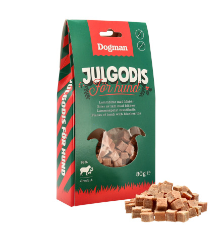 Julgodis hund 80g sm bitar av lamm med blbr, Dogman